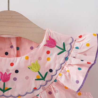 Blooming Beauty: Embroidered Cotton Baby Dress with Polka Dot Print