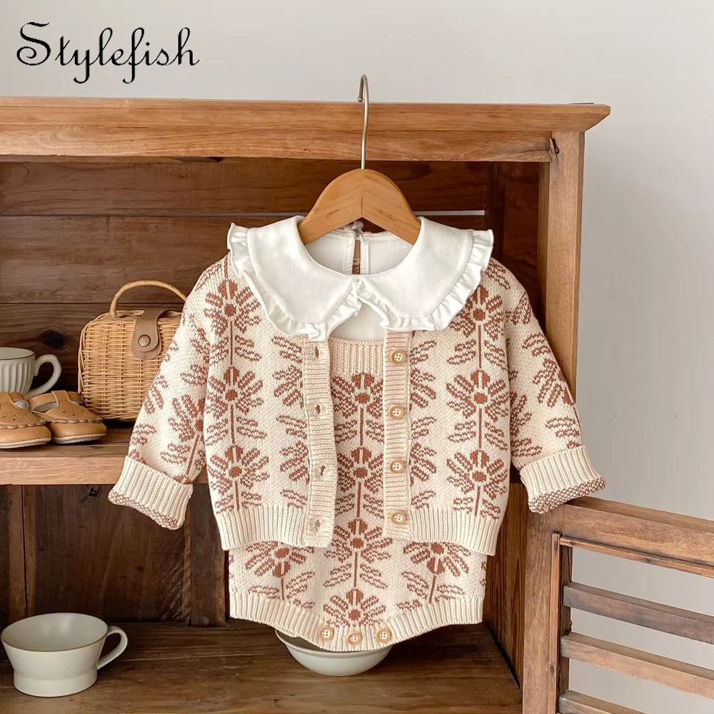 BlossomWarm – Baby Girl Jacquard Knit Coat & Harbin Set