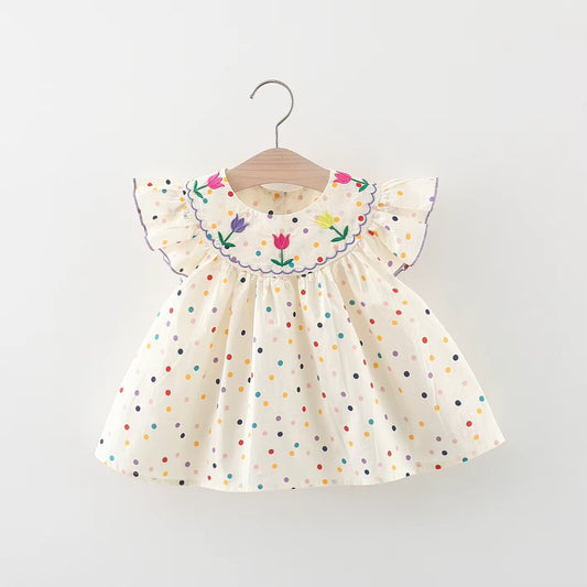Blooming Beauty: Embroidered Cotton Baby Dress with Polka Dot Print
